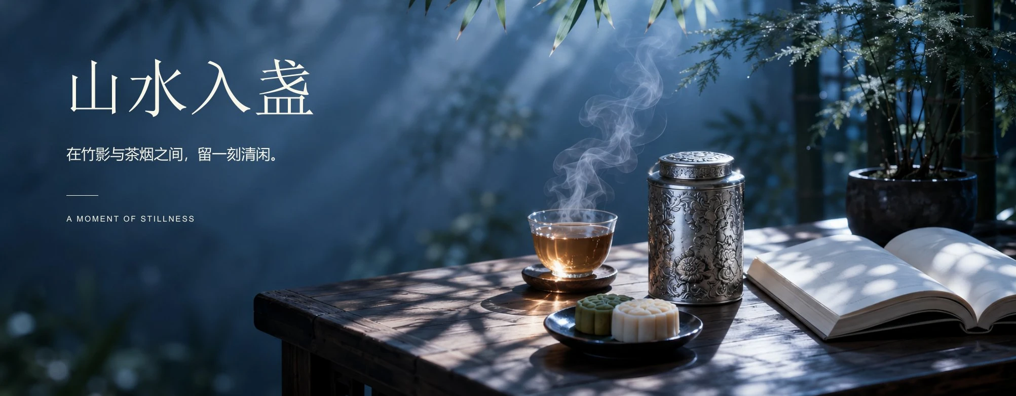竹影与器物组成的东方茶境海报